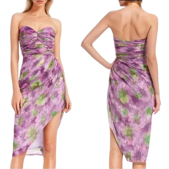NWT Badgley Mischa Strapless Metallic Floral Mesh Dress Purple Size 8 - Picture 1 of 9